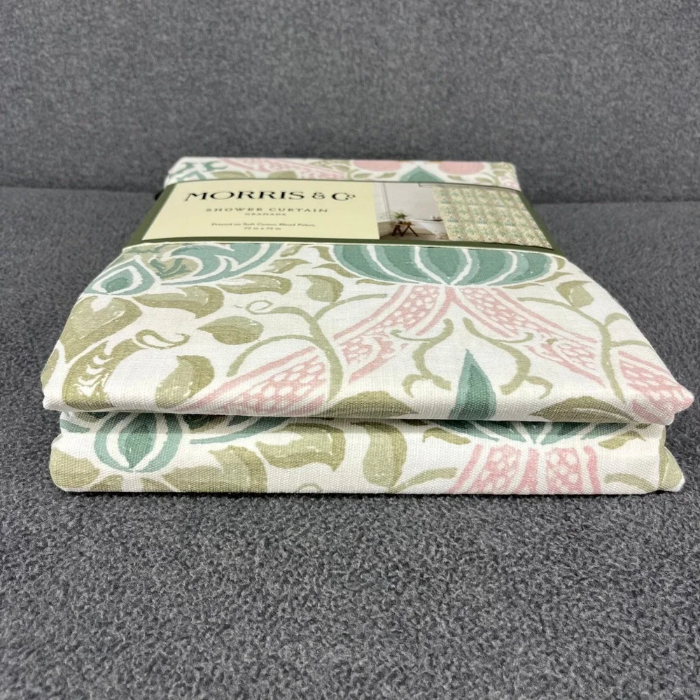 Morris & Co Granada Shower Curtain 72x72 Green Pink Cotton Blend Floral Botanica